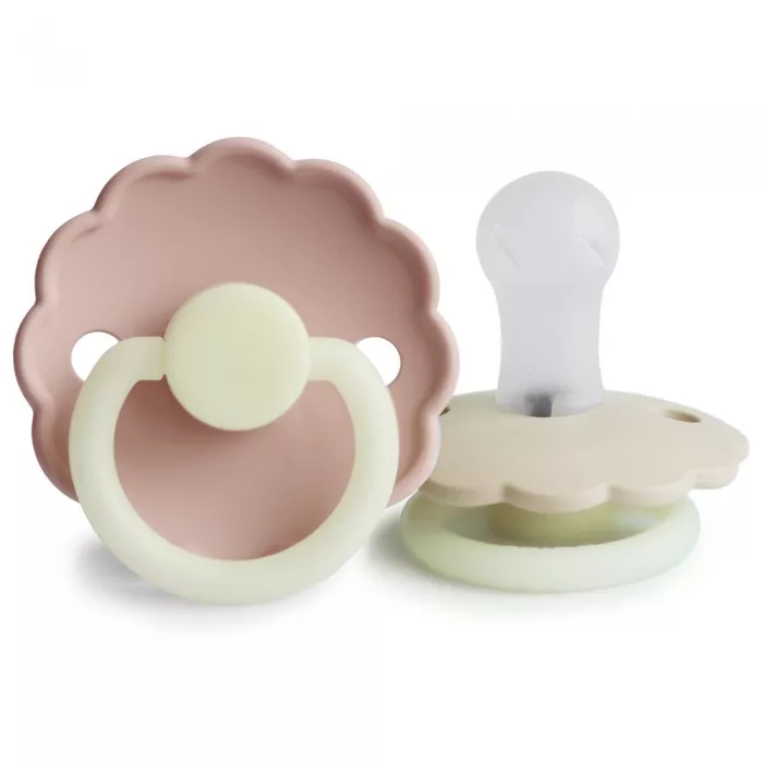 Set 2 suzete cu tetina rotunda din silicon - Glow in the dark - Daisy Blush / Cream - FRIGG