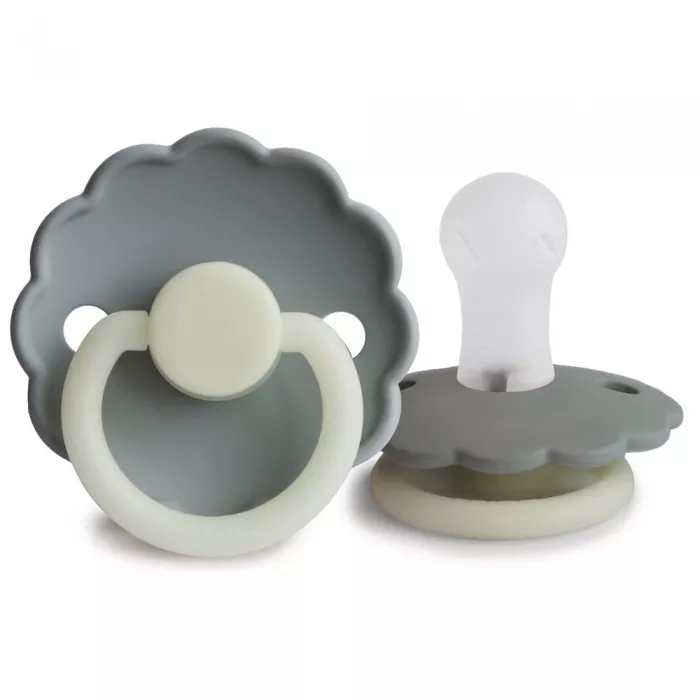 Set 2 suzete cu tetina rotunda din silicon - Glow in the dark - Daisy Gray / Portobello - FRIGG