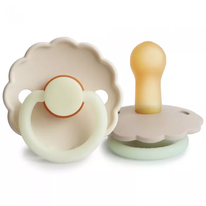 Set 2 suzete cu tetina rotunda din cauciuc natural - Glow in the dark - Daisy Croissant / Cream - FRIGG