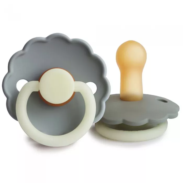 Set 2 suzete cu tetina rotunda din cauciuc natural - Glow in the dark - Daisy Gray / Portobello - FRIGG