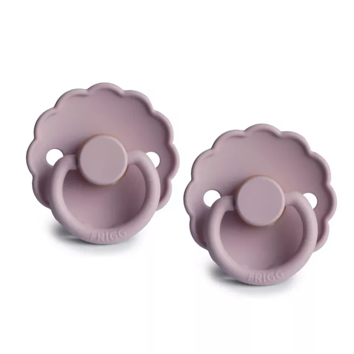 Set 2 suzete cu tetina rotunda din cauciuc natural - Daisy Lilac - FRIGG Set 2 suzete cu tetina rotunda din cauciuc natural - Daisy Lilac - FRIGG