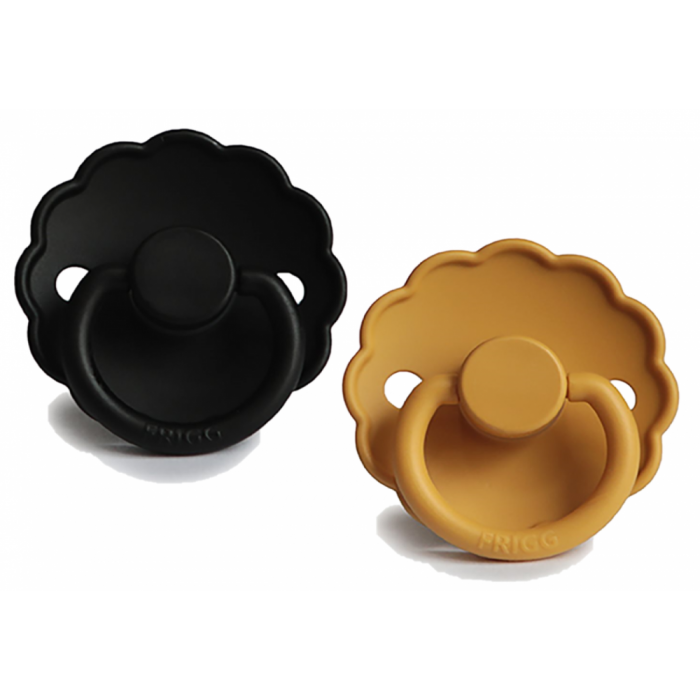 Set 2 suzete cu tetina rotunda din silicon - Daisy Jet Black / Daisy Honey Gold - FRIGG Set 2 suzete cu tetina rotunda din silicon - Daisy Jet Black / Daisy Honey Gold - FRIGG