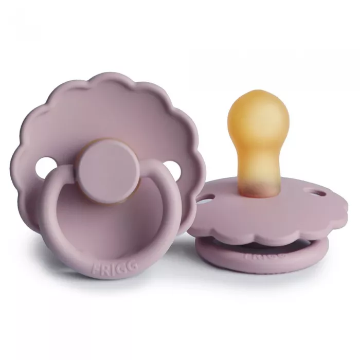 Set 2 suzete cu tetina rotunda din cauciuc natural - Daisy Lilac - FRIGG Set 2 suzete cu tetina rotunda din cauciuc natural - Daisy Lilac - FRIGG