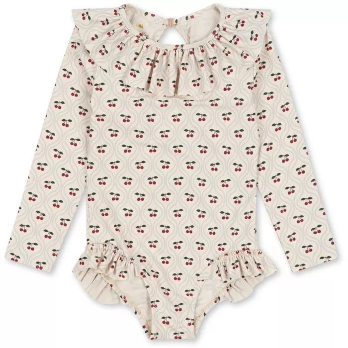 Costum de baie intreg cu maneca lunga cu protectie UV 50+ - Manuca LS Frill - CHERRY MOTIF - Konges Sløjd