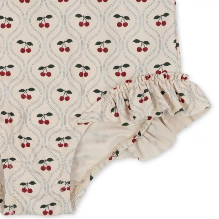 Costum de baie intreg cu maneca lunga cu protectie UV 50+ - Manuca LS Frill - CHERRY MOTIF - Konges Sløjd