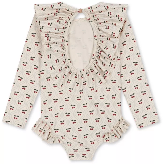 Costum de baie intreg cu maneca lunga cu protectie UV 50+ - Manuca LS Frill - CHERRY MOTIF - Konges Sløjd