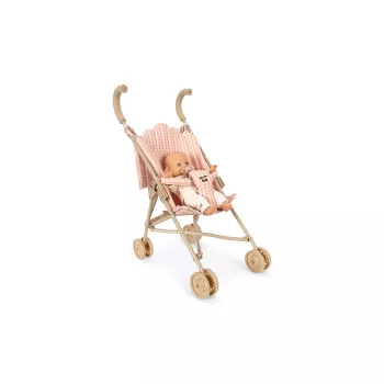Papusa bebelus cu carucior - Poppy - Pink Check - Konges Sløjd
