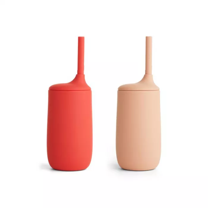 Set de 2 pahare cu pai din silicon - 300 ml - Apple red/ Tuscany Rose - Liewood