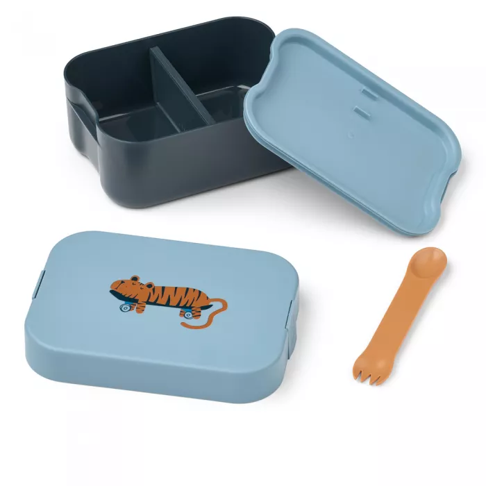 Caserola compartimentata din tritan Kamil cu capac de silicon - Tiger / Beach blue - LIEWOOD