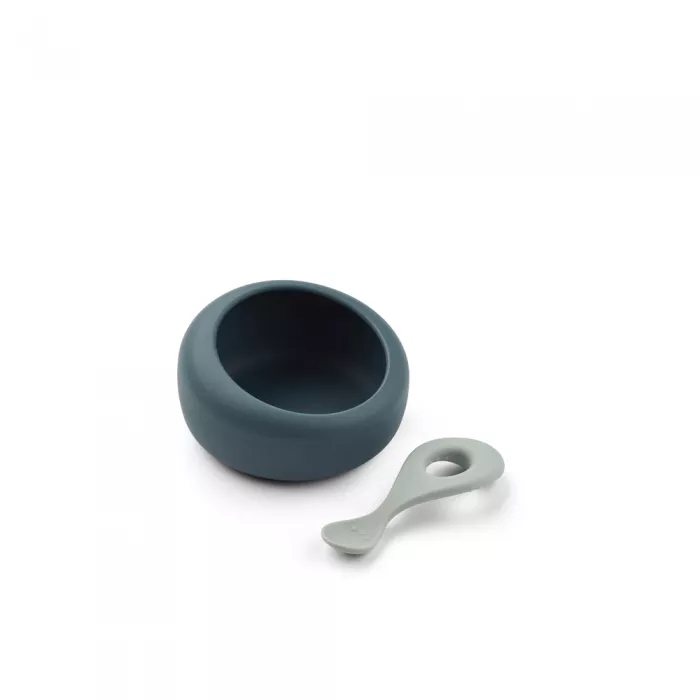 Bol cu lingurita din silicon pentru masa copilului - Wale Blue/ Dove Blue - Liewood