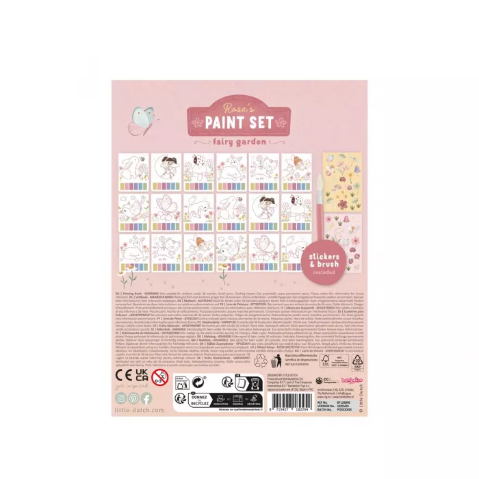 Carte de pictat cu acuarele si stickere - Rosa Fairy Garden - Little Dutch