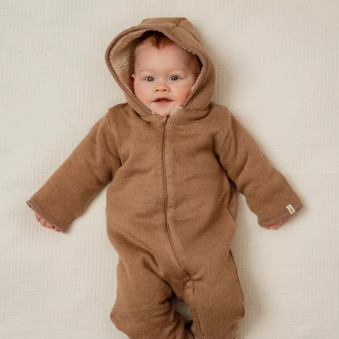 Salopeta groasa din tricot captusita cu material teddy - Brown - Little Dutch