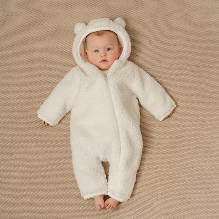 Salopeta captusita cu gluga din material teddy - Baby Bunny - Off White - Little Dutch