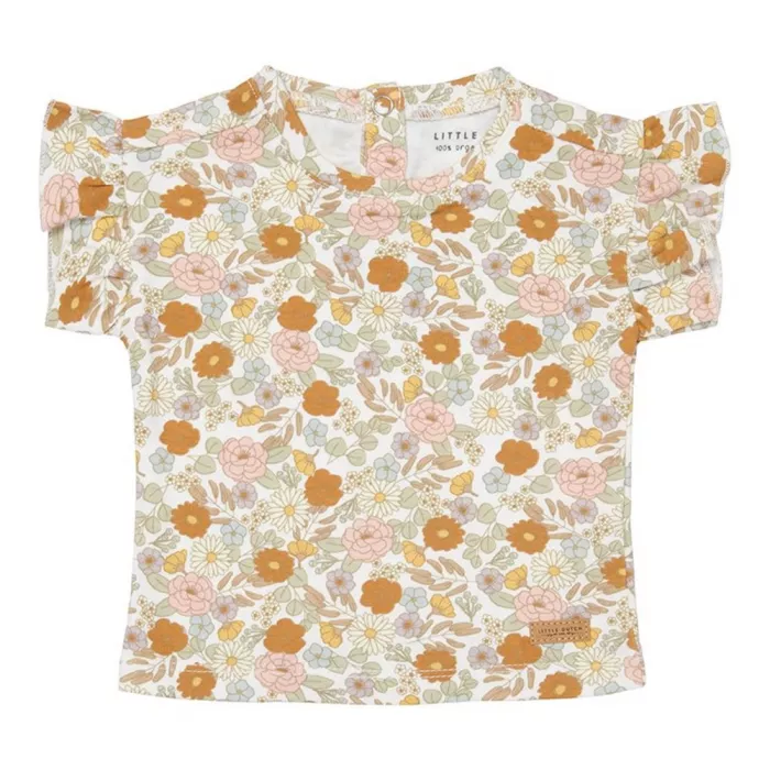 Tricou cu volanase la maneca din bumbac organic - Vintage Little Flowers - Little Dutch