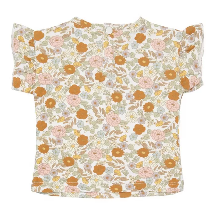 Tricou cu volanase la maneca din bumbac organic - Vintage Little Flowers - Little Dutch