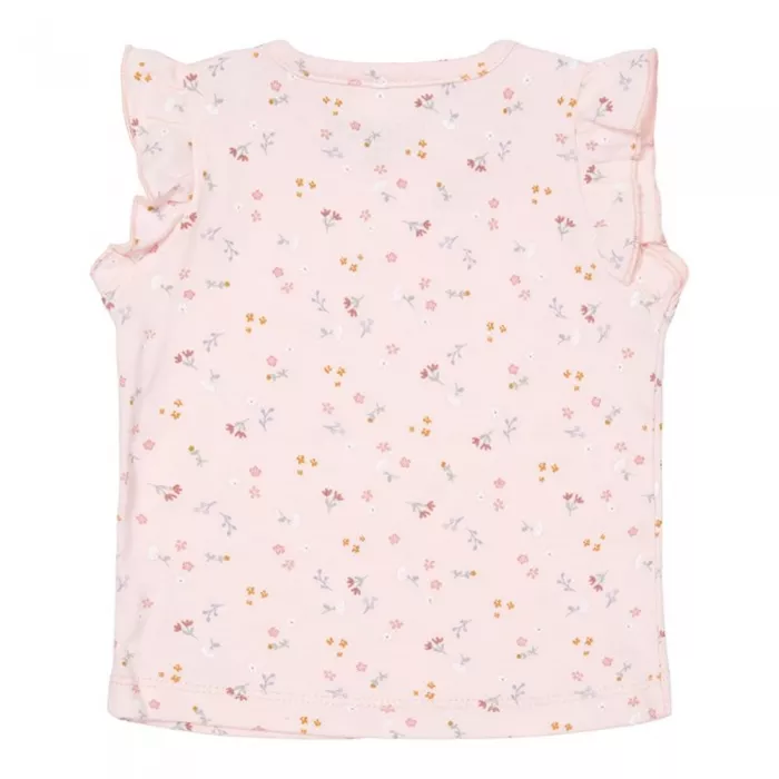 Tricou fara maneci cu volanase la umeri din bumbac organic - Little Pink Flowers - Little Dutch