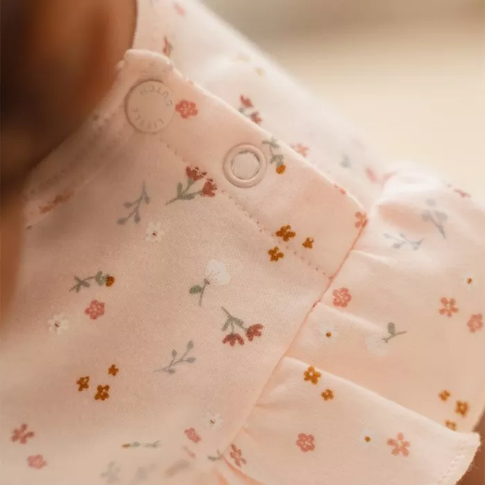 Tricou fara maneci cu volanase la umeri din bumbac organic - Little Pink Flowers - Little Dutch