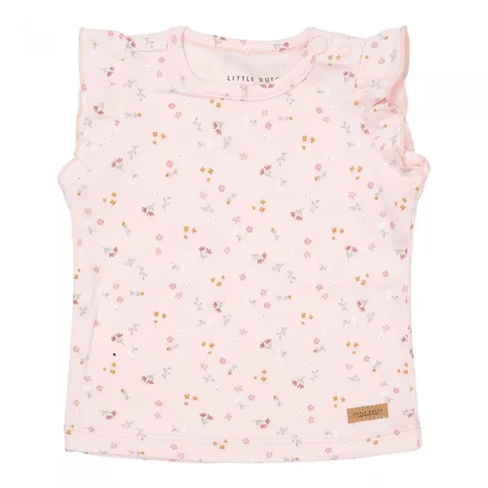 Tricou fara maneci cu volanase la umeri din bumbac organic - Little Pink Flowers - Little Dutch