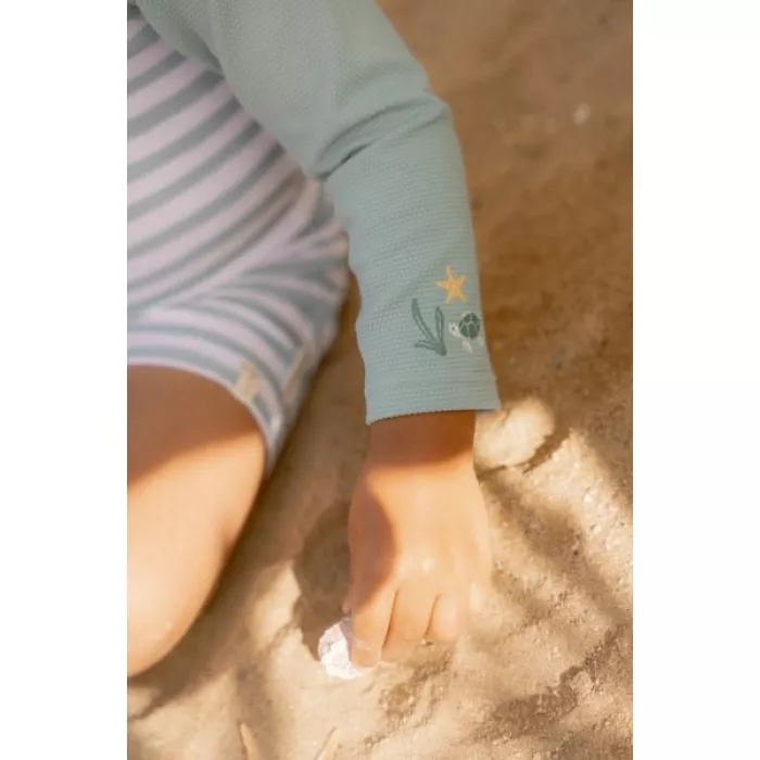 Costum de baie intreg cu maneca scurta - protectie UV 50+ - Stripes Surf Green - Little Dutch