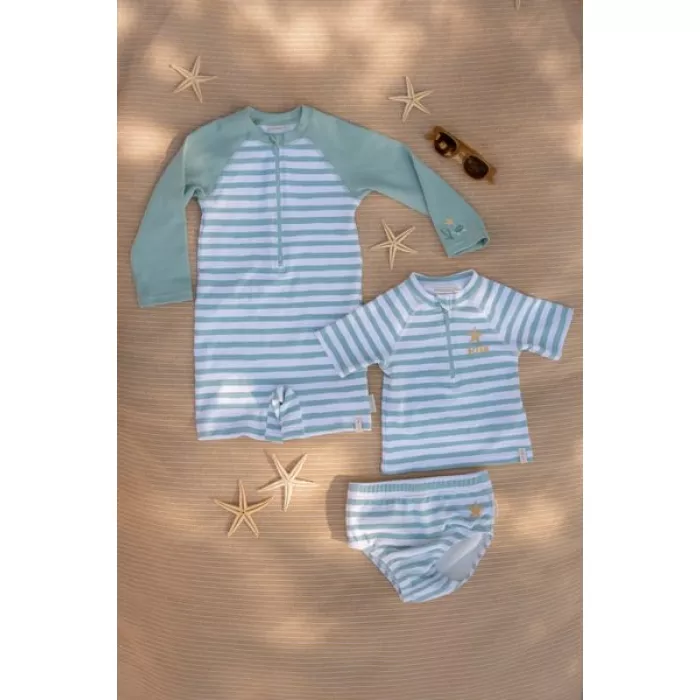 Costum de baie intreg cu maneca scurta - protectie UV 50+ - Stripes Surf Green - Little Dutch