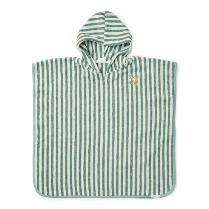 Poncho pentru plaja din bumbac - Seashells / Stripes Surf Green - Little Dutch