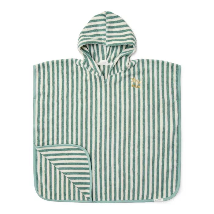 Poncho pentru plaja din bumbac - Seashells / Stripes Surf Green - Little Dutch