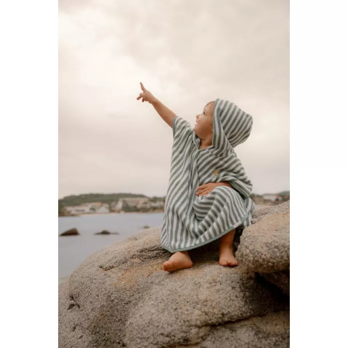 Poncho pentru plaja din bumbac - Seashells / Stripes Surf Green - Little Dutch