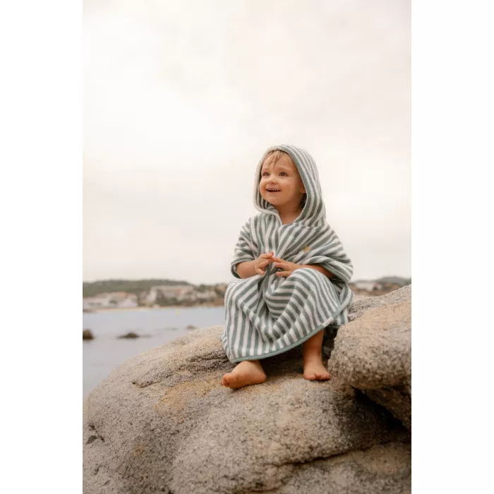 Poncho pentru plaja din bumbac - Seashells / Stripes Surf Green - Little Dutch