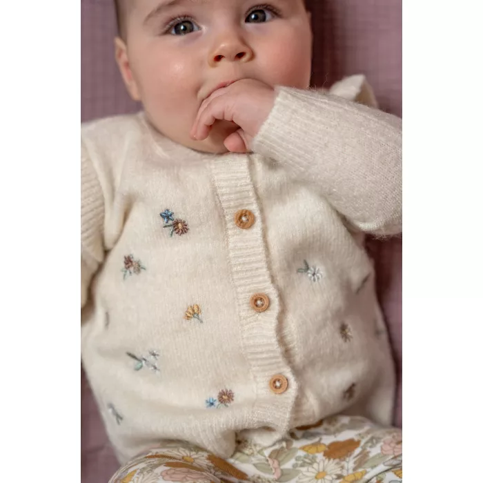 Cardigan tricotat cu broderie pentru bebelusi - Soft White - Vintage Little Flowers - Little Dutch