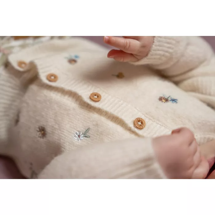 Cardigan tricotat cu broderie pentru bebelusi - Soft White - Vintage Little Flowers - Little Dutch