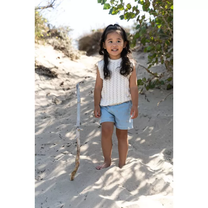 Tricou fara maneci tricotat din bumbac organic - Creme - Little Dutch