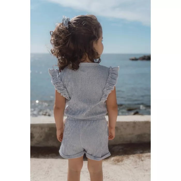 Salopeta pantalon din bumbac organic - Denim Blue Stripe - Little Dutch
