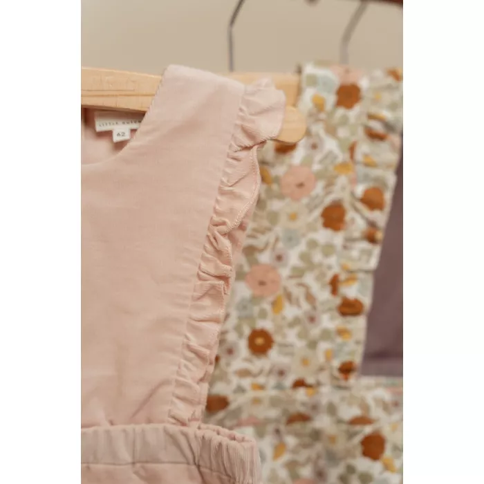 Salopeta din catifea de bumbac organic - Soft Pink - Vintage Little Flowers - Little Dutch