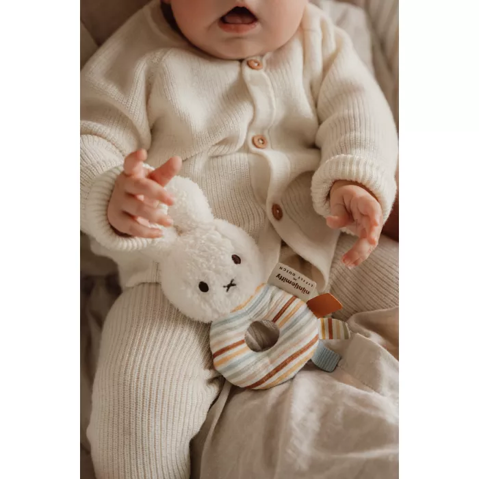 Salopeta tricotata din mix de lana pentru bebelusi Soft White - Vintage Sunny Stripes - Little Dutch