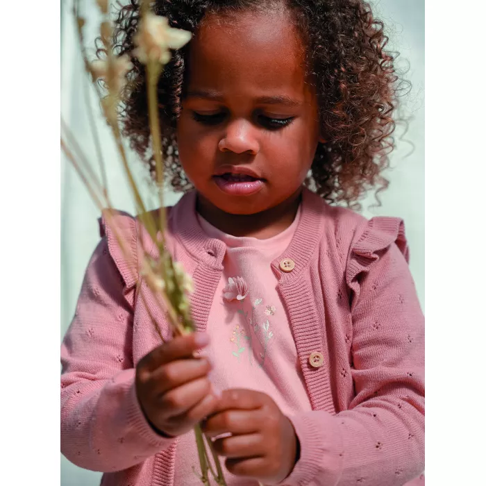 Cardigan tricotat cu broderie pentru copii - Flower Pink - Little Dutch