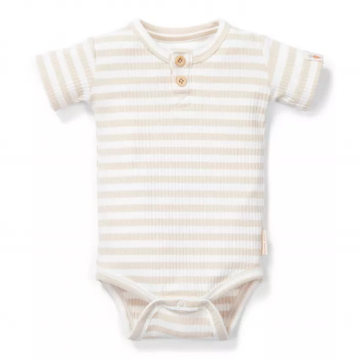 Body cu maneca scurta din bumbac organic - Stripe Sand/White - Little Dutch