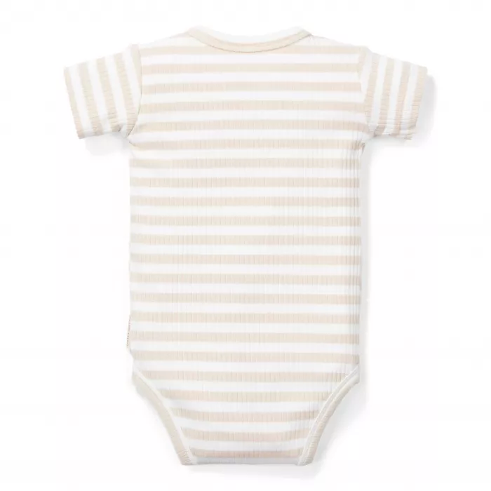 Body cu maneca scurta din bumbac organic - Stripe Sand/White - Little Dutch