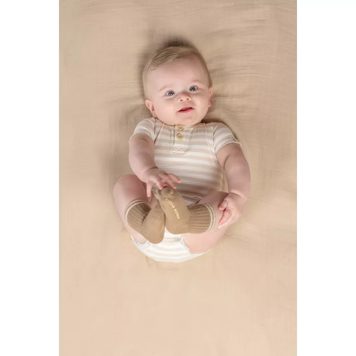 Body cu maneca scurta din bumbac organic - Stripe Sand/White - Little Dutch