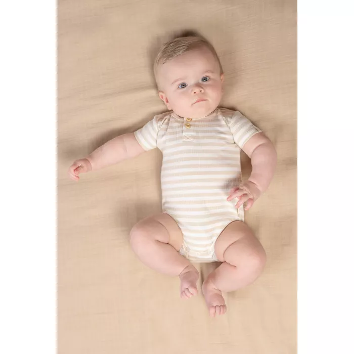 Body cu maneca scurta din bumbac organic - Stripe Sand/White - Little Dutch