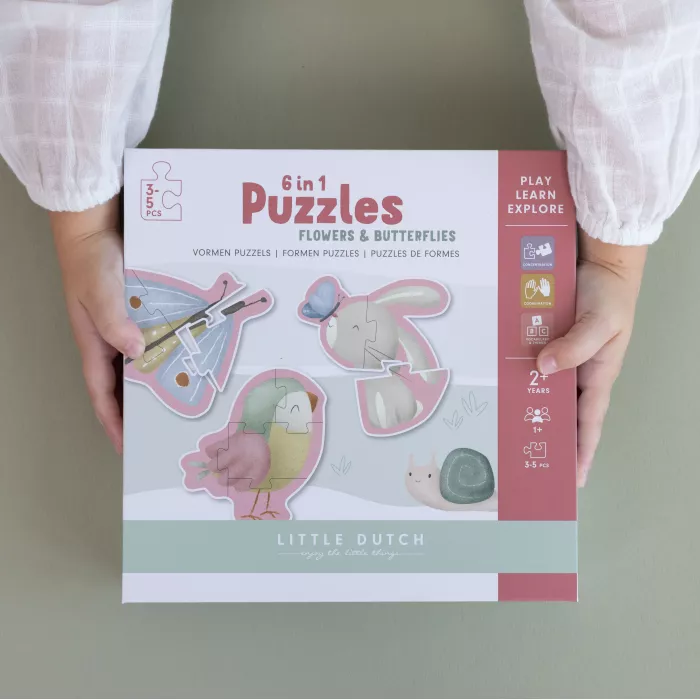 Puzzle 6 in 1 din carton FSC - Flowers & Butterflies - Little Dutch