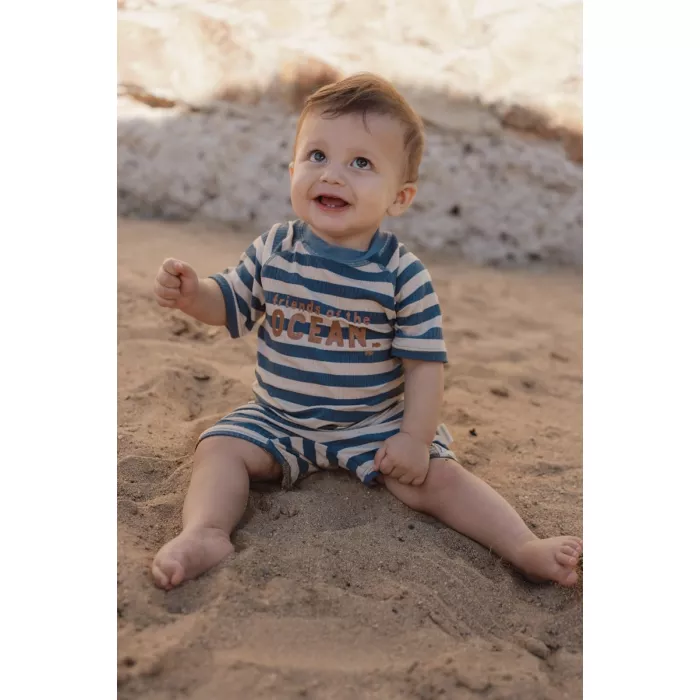 Costum de baie intreg cu maneca scurta - Ocean Blue Stripes - Little Dutch