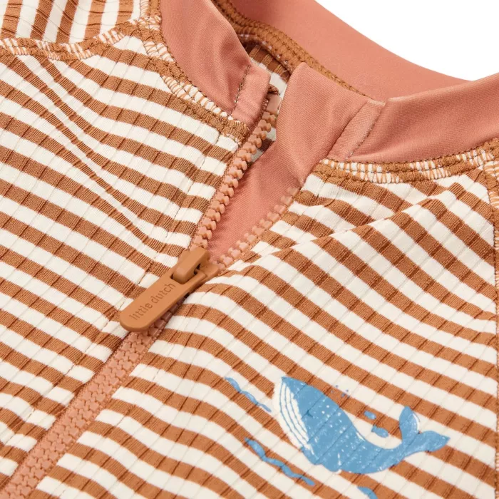 Costum de baie intreg cu maneca scurta - Ocean Brown Stripes - Little Dutch