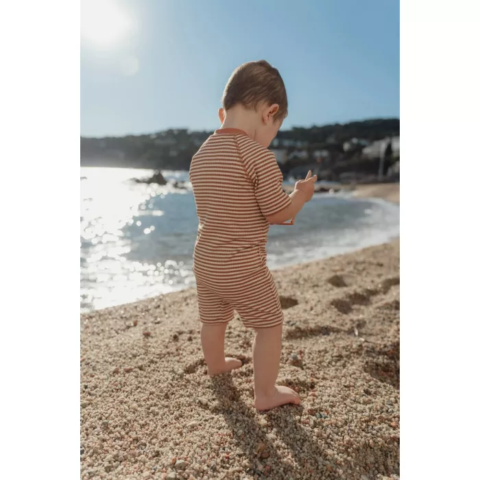 Costum de baie intreg cu maneca scurta - Ocean Brown Stripes - Little Dutch