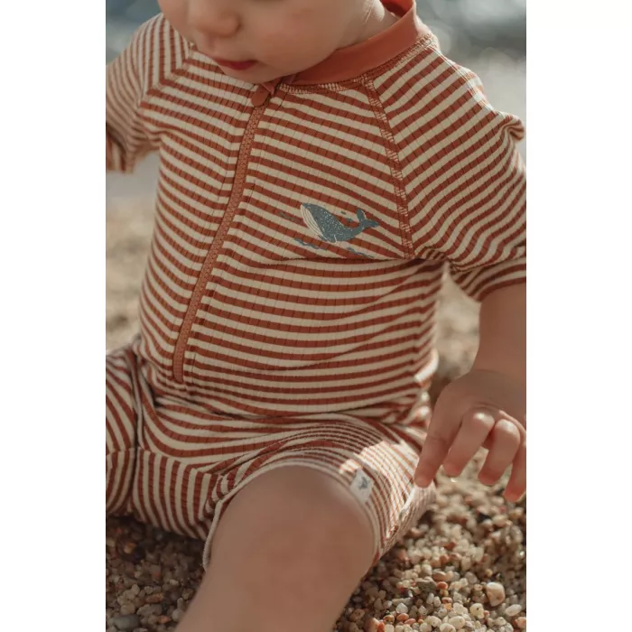 Costum de baie intreg cu maneca scurta - Ocean Brown Stripes - Little Dutch