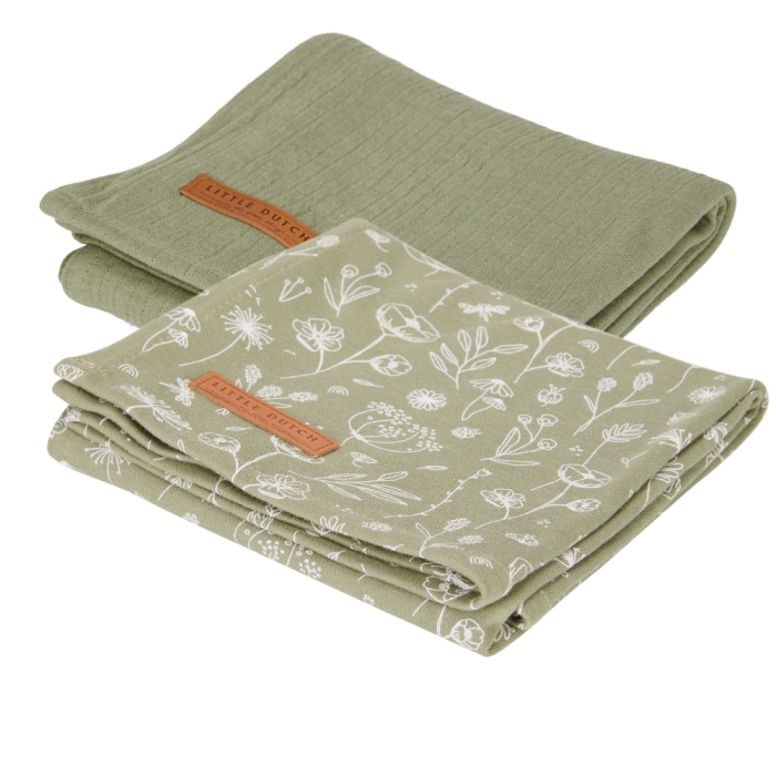 Muselina din bumbac - set 2 bucati - Wild Flowers Olive/ Pure Olive - Little Dutch Muselina din bumbac - set 2 bucati - Wild Flowers Olive/ Pure Olive - Little Dutch
