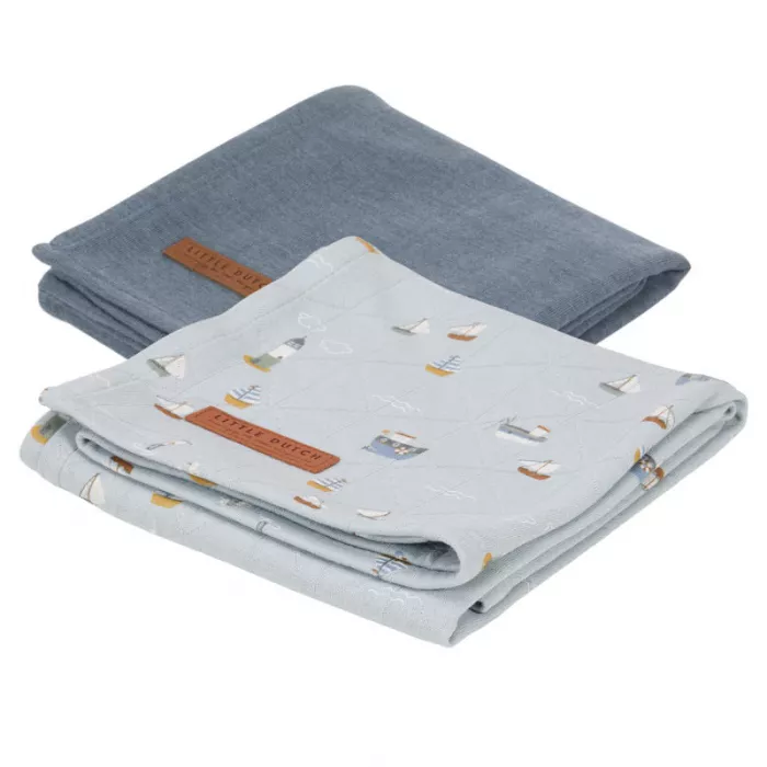Muselina din bumbac - set 2 bucati - Pure Blue / Sailors Bay Blue - Little Dutch