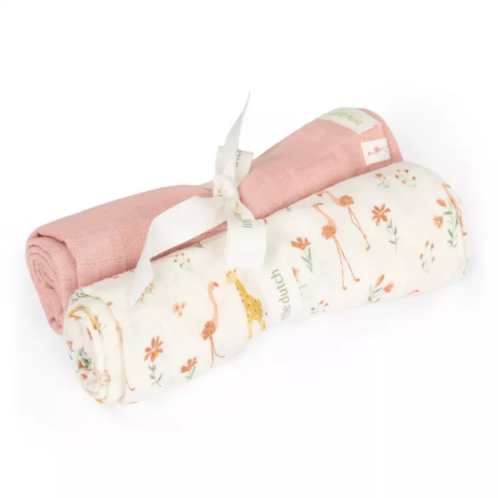 Muselina din bumbac organic - set 2 bucati -  Pink /Blooming Safari - Little Dutch