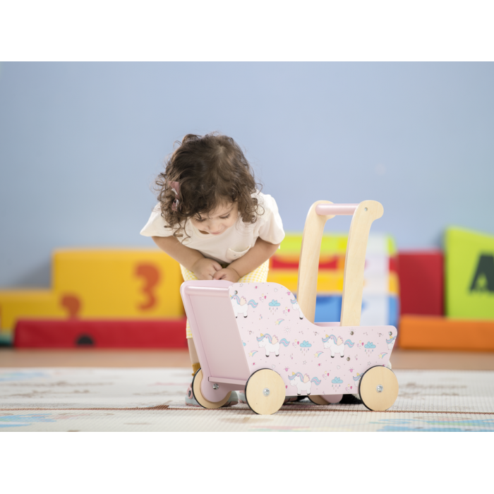 Carucior din lemn pentru papusi - unicorn roz - gama LINE - Moover Toys Carucior din lemn pentru papusi - unicorn roz - gama LINE - Moover Toys