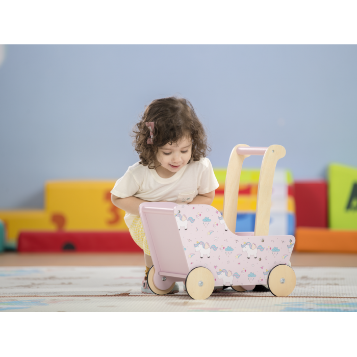 Carucior din lemn pentru papusi - unicorn roz - gama LINE - Moover Toys Carucior din lemn pentru papusi - unicorn roz - gama LINE - Moover Toys