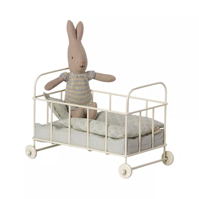 Accesorii pentru casuta de papusi - Patut metalic alb - albastru - Maileg